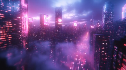 Fototapeta premium Futuristic city skyline illuminated by vibrant neon lights during twilight with fog rolling through the streets