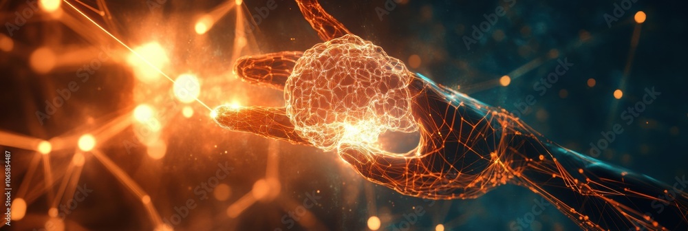 Poster an abstract prosthetic arm glows with neural connections, symbolizing advanced neurotechnology bridg