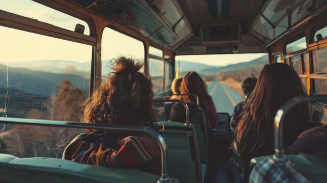 A group of individuals are seated on a bus, casually chatting, reading, or looking out the window.
