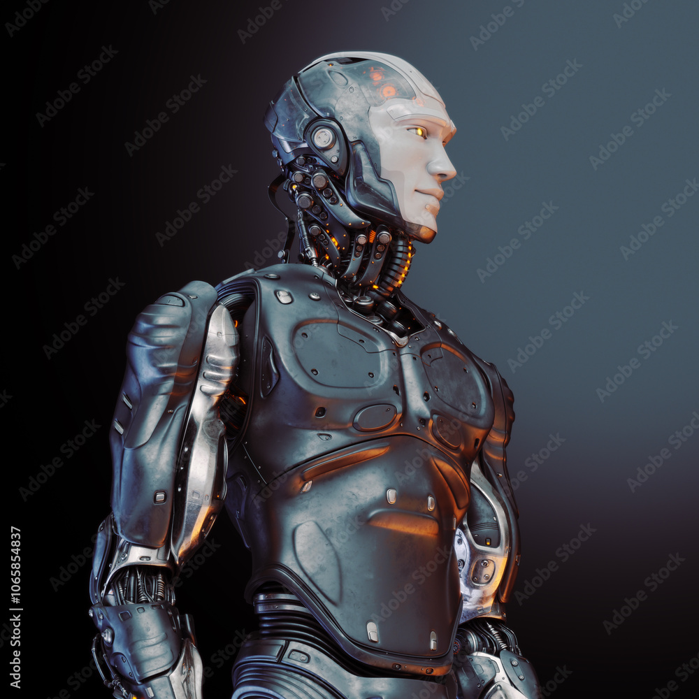 Poster futuristic humanoid robot with metallic body and illuminated features in a side profile, depicted ag