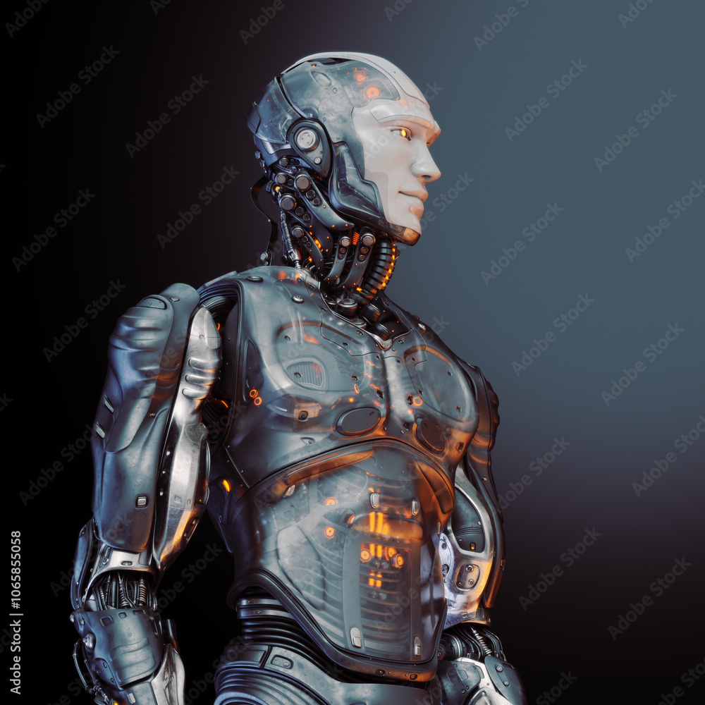 Poster futuristic humanoid robot with intricate metallic design and glowing elements standing against a gra