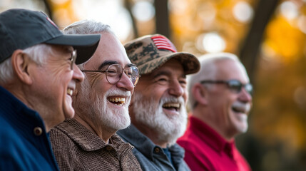 Diverse group of veterans standing arm in arm, laughing and enjoying the company of each other in a park