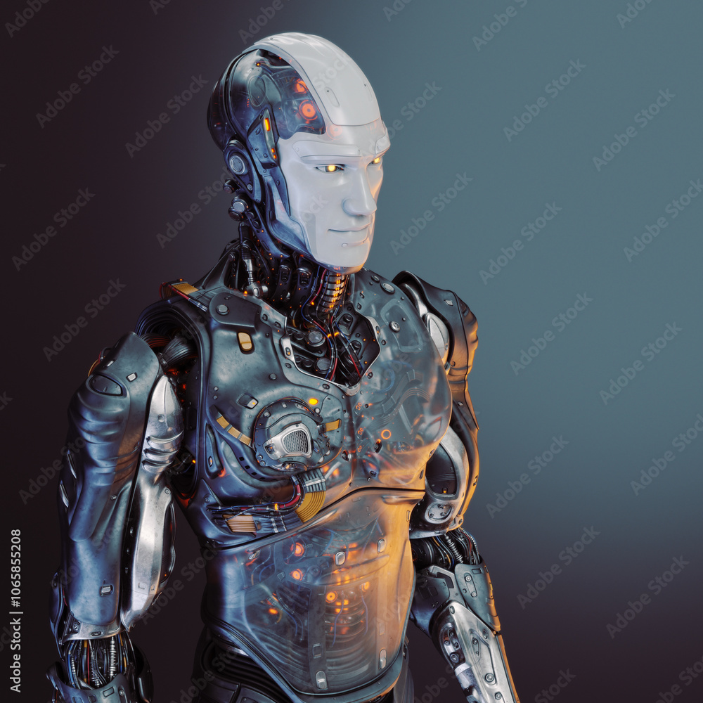 Poster futuristic humanoid robot with illuminated circuits and advanced design standing against a smooth gr