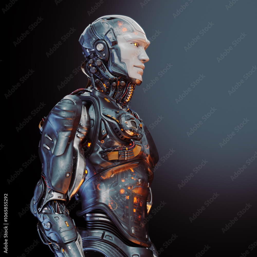 Poster futuristic humanoid robot with intricate mechanical design and glowing elements standing against a g