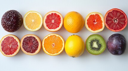 Colorful fruit halves arranged in a row on a white background.