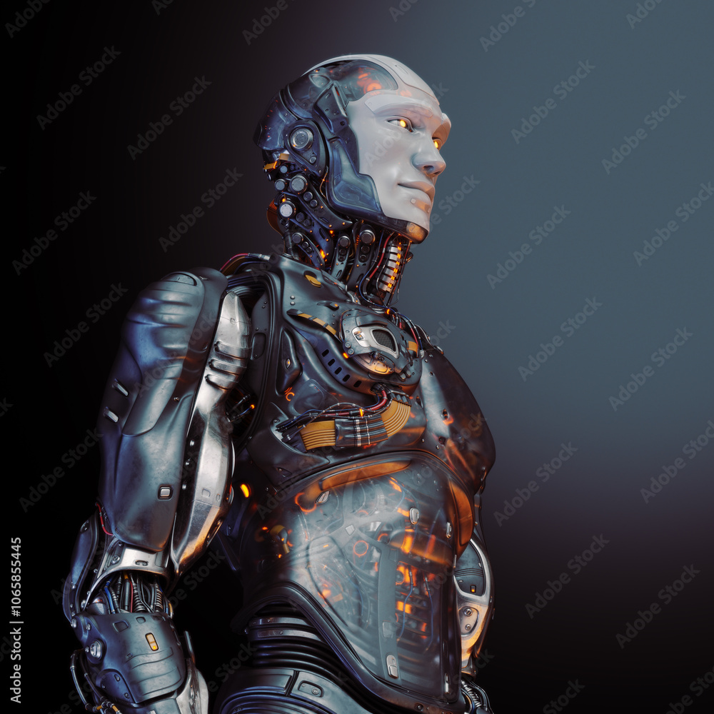 Poster futuristic humanoid robot with metallic body and glowing internal components standing against a grad