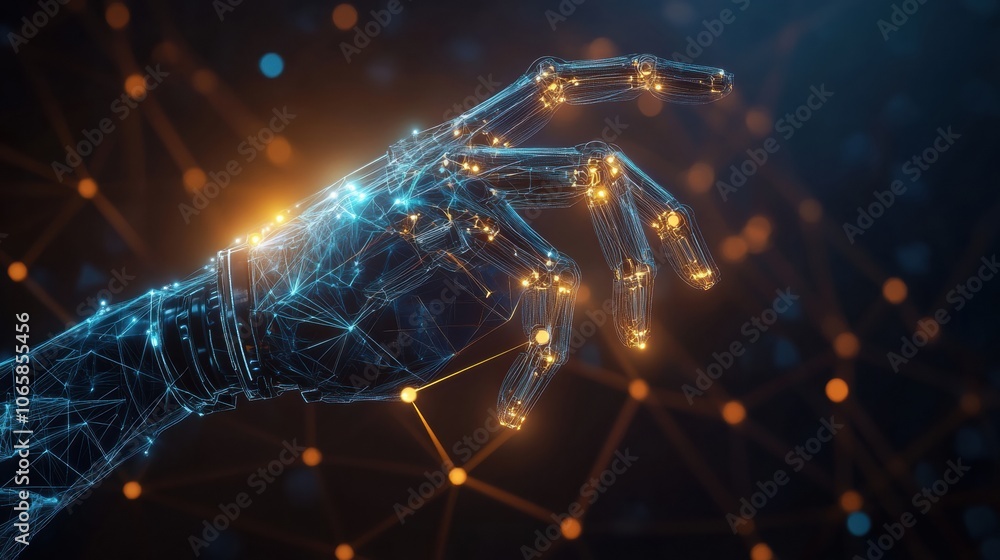 Fototapete the artwork illustrates a prosthetic arm guided by neural signals, with luminous connections linking