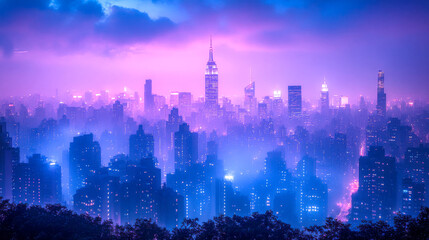 Fototapeta premium Vibrant cityscape in blue and pink hues, illuminated against a moody sky at twilight