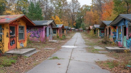 Fototapeta premium A row of abandoned cabins painted with graffiti in an autumnal setting.