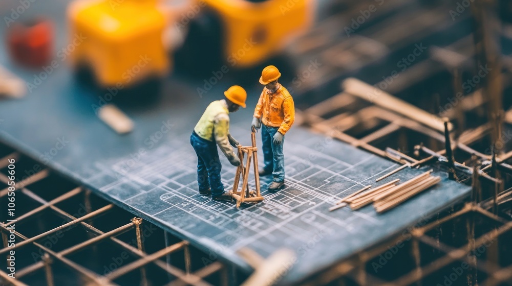 Poster miniature construction scene with workers measuring on a building site.