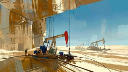 A painting depicting an oil pump in the desert landscape.