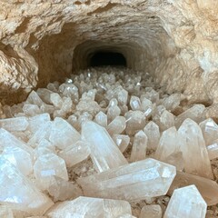 Sparkling quartz crystals in a cave