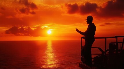 Obraz premium A silhouette of a worker against a vibrant sunset over the ocean.