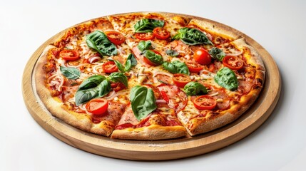 Wooden pizza board against white backdrop