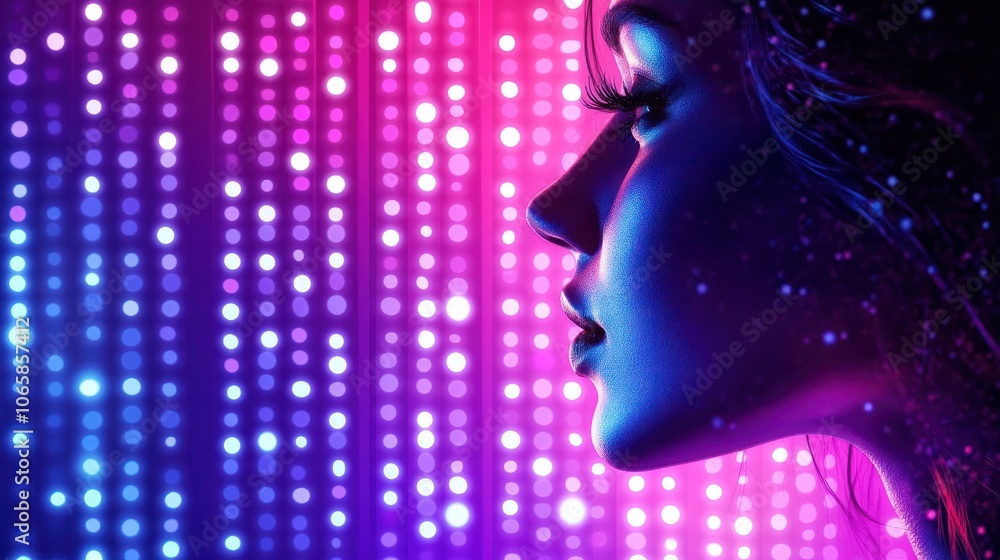 Poster purple and blue gradient lights arranged in vertical lines with glowing dots, creating an abstract f