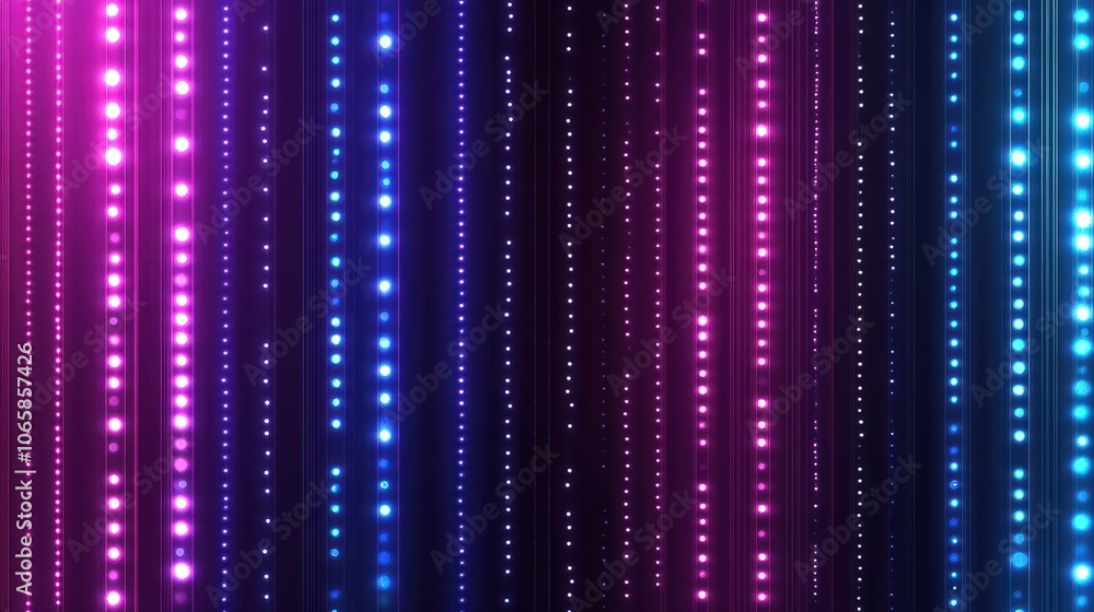 Poster purple and blue gradient lights arranged in vertical lines with glowing dots, creating an abstract f