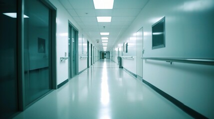 Obraz premium Hospital Corridor: A sterile and clinical perspective down a long hospital corridor, with bright white walls, a tiled floor, and muted lighting.