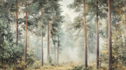 Fototapeta premium Misty forest landscape with tall pine trees and soft undergrowth in early morning light
