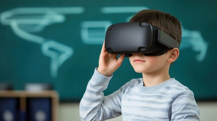 Young boy wearing vr headset in classroom with world map on chalkboard