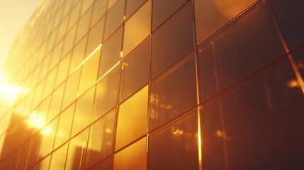 Skyscraper, modern building in the city with sunlight. Glass wall of an office building in the sunlight. Office building window close up with sunrise, reflection and perspective.
