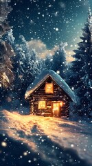 Fototapeta premium Lonely cabin in the middle of a snowstorm, warm light from the windows, cinematic lighting with high detail on snow textures