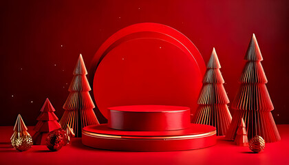 festive christmas decorations include red podiums cone trees neon lights modern creative holiday templates banners posters
