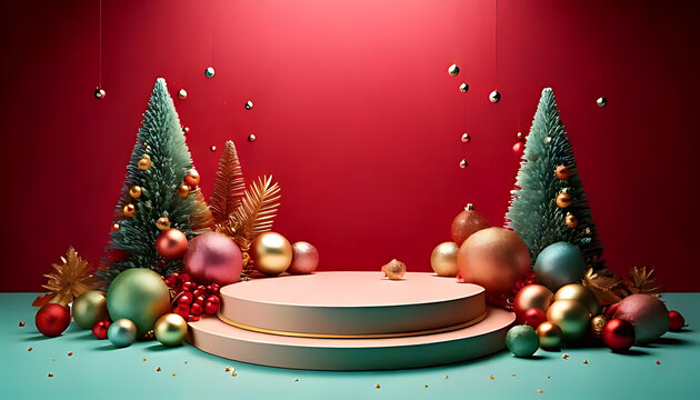 festive christmas design features podium baubles merry atmosphere lively bright overall aesthetic