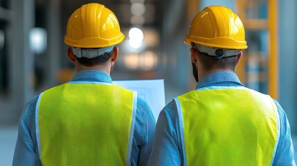 Close-up of engineers wearing hard hats examining construction plans at a building site, representing teamwork in civil engineering.