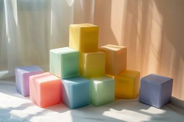 Obraz premium Ten pastel colored cubes are arranged in a pyramid shape on white fabric, illuminated by natural light from a nearby window, creating a soft and playful atmosphere