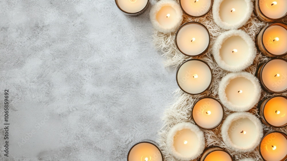 Poster a top-down view of glowing candles arranged on a textured surface, creating a warm and inviting ambi
