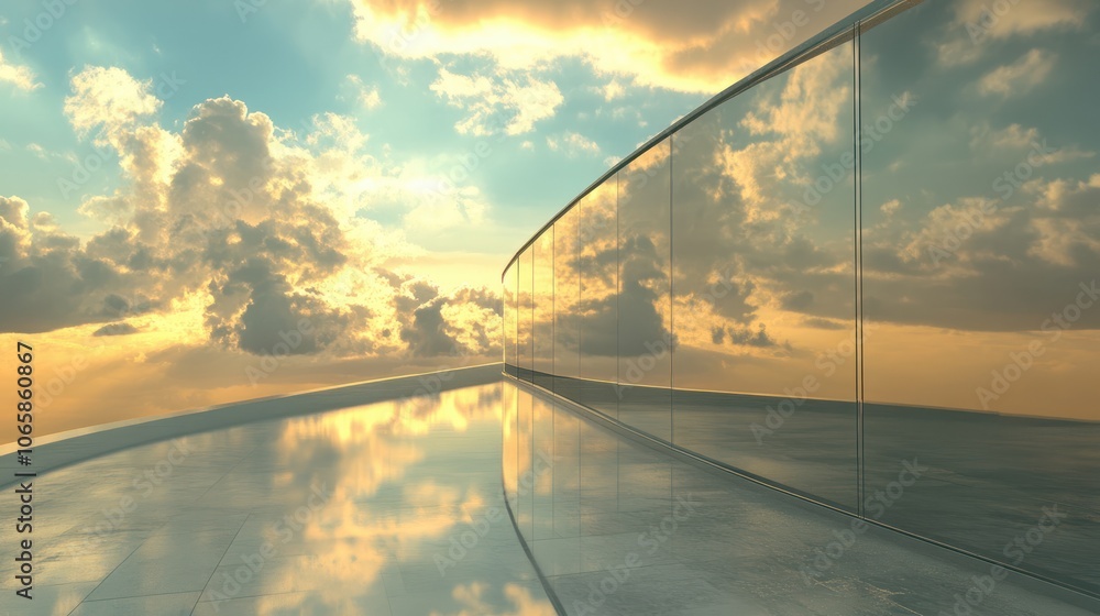 Poster view of the clouds reflected in the curve glass office building. 3d rendering