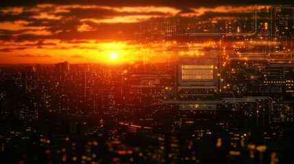 Fototapeta premium A futuristic cityscape at sunset, blending nature and technology.