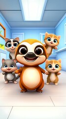 Obraz premium Adorable cartoon animals gather for a fun day a sloth and his feline friends in a cheerful setting