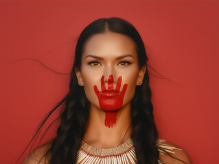 Portrait of Native American, indigenous, First Nations woman with red hand print across mouth, missing and murdered women awareness