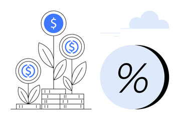 Coins stacked beneath plants with dollar symbols, accompanied by a large percentage sign. Ideal for financial growth, investment advice, savings plans, economic analysis, banking services, interest