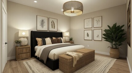 Fototapeta premium Modern Bedroom Interior with a Black Upholstered Bed, Wicker Accent Pieces, and Artwork