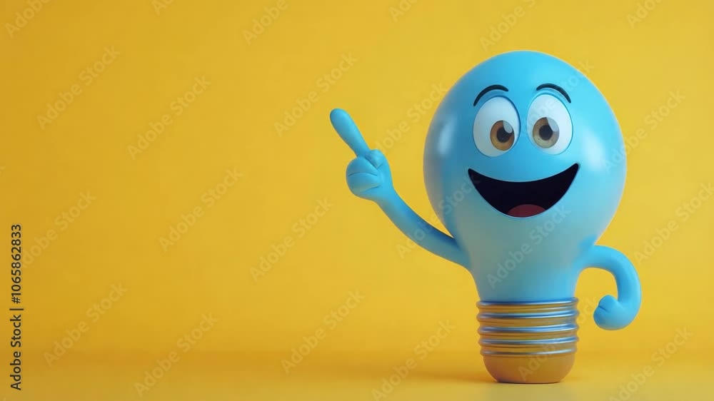 Poster a playful and smiling light bulb character raises one hand and points at empty space, expressing exc