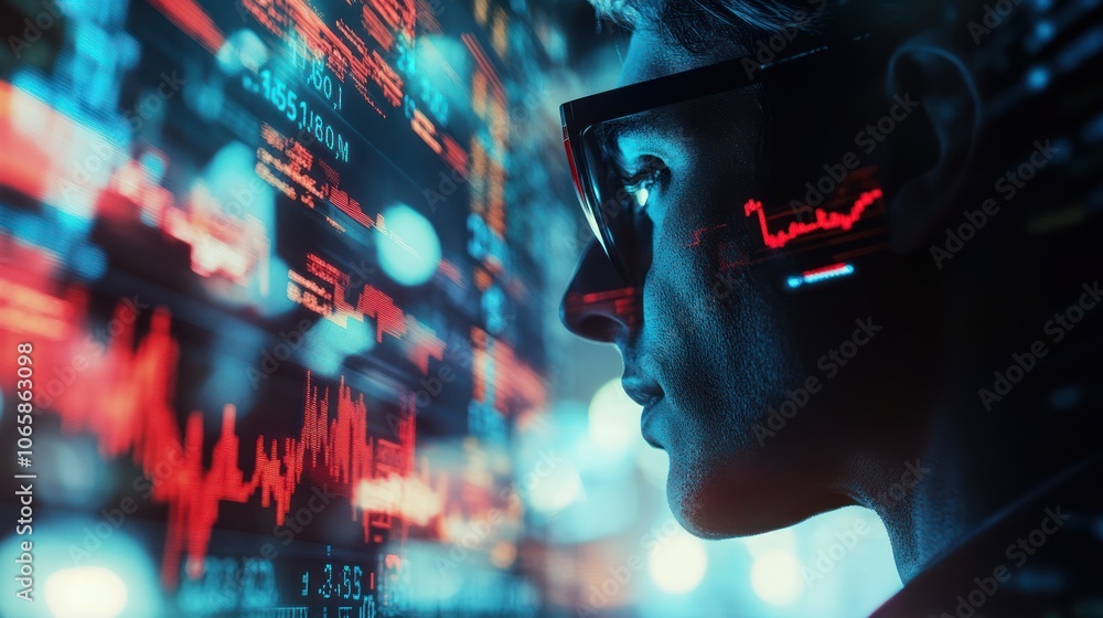 Aufkleber a profile of a person with glasses, surrounded by digital data and graphs.