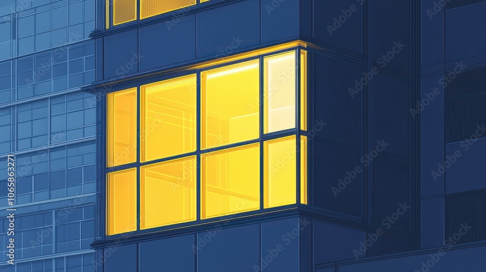 Poster a building with many windows and a yellow light shining through one of them