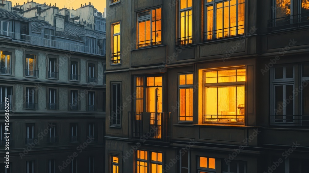 Poster a building with many windows and a yellow light shining through one of them