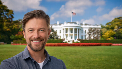 Fototapeta premium Man standing in front of white house
