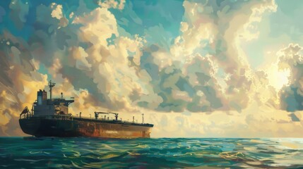 Obraz premium A painting depicting a large ship sailing in the vast expanse of the ocean.