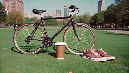 Fototapeta premium Minimalist Urban Lifestyle with Pastel Bicycle, Sneakers, Coffee, and Plant