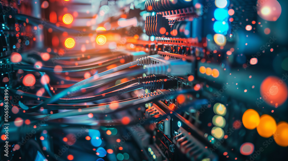 Poster minimalistic photo of connected internet wires illuminated by bokeh lights in a server room, concept