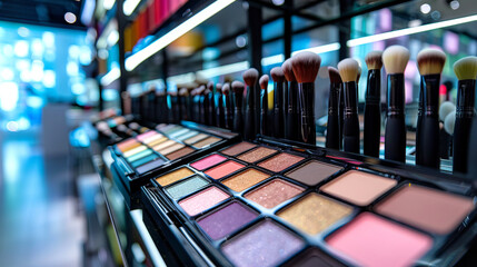 Close-up of a makeup display featuring colorful eyeshadow palettes and professional brushes in a modern, illuminated store setting. Concept of beauty products, cosmetics retail, and makeup artistry