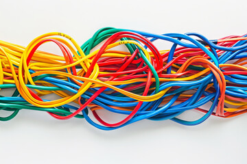 Colorful minimalistic display of twisted internet wires symbolizing connectivity, network, and technology. White background