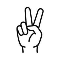 Fototapeta premium Black and White Peace Sign Line Icon, Minimalist line drawing of a hand making a peace or victory sign with two raised fingers, outlined in black on a white background. 