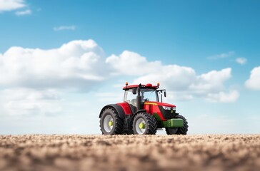 Obraz premium Powerful red tractor working in the field under a blue cloudy sky