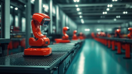 Fototapeta premium Red Robotic Arms in a Modern Factory Assembly Line