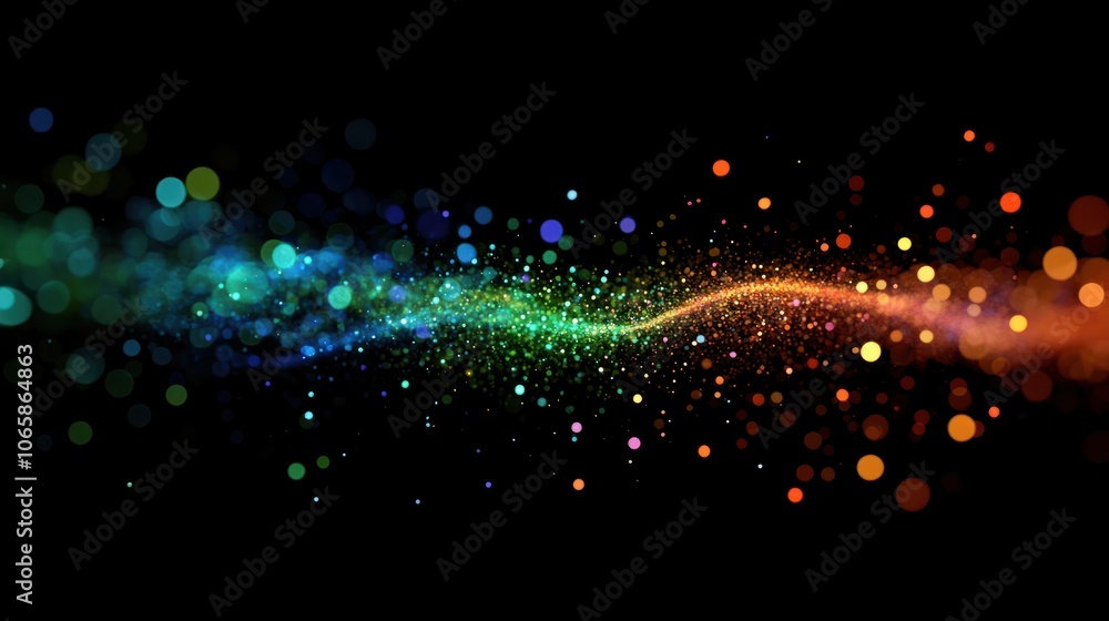 Poster abstract black background with colorful light fragments, subtle bokeh overlay effects. lots of color